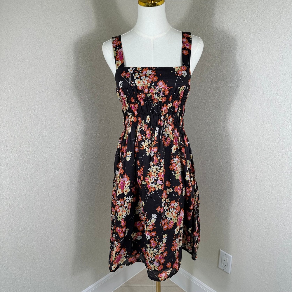 Gap Floral Sundress Women 6 Black Smocked Square Neck Cottagecore Boho Feminine‎